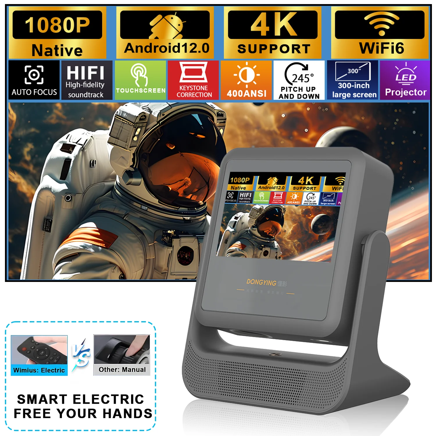 YouTube Netflix Ready Projector 7'' Touch Panel, 1080P 4K Decoding - 180° Rotatable, WiFi 6, BT5.0, HDMI USB Bedroom Movie Night