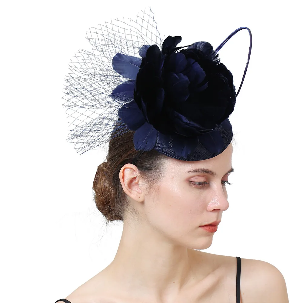 navy blue Vintage Fascinator headwear Flower Fedora Party Hat Hair Accessory headband for Wedding bride Race Cocktail Church