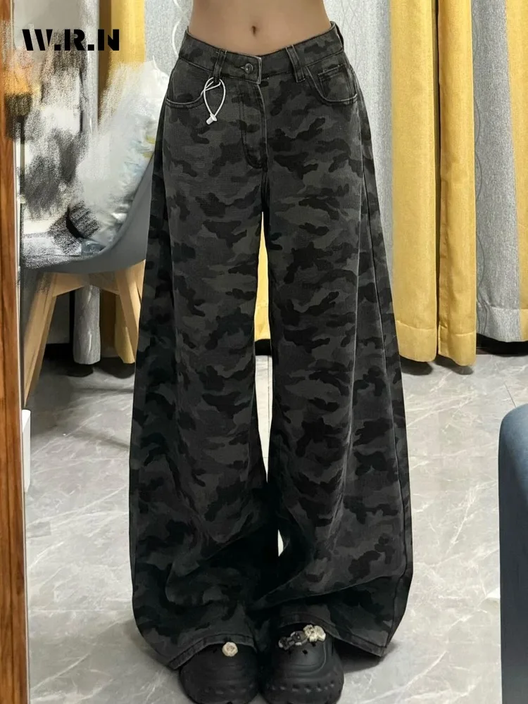 

American Vintage Eclectic Waif Jeans For Women Grunge Casual 2000s Pants Y2K Harajuku Street Camouflage Pockets Denim Trouser