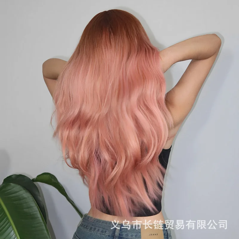 European and American pink wig, long curly hair with bangs, full head style, high-temperature fiber, suitable for holiday