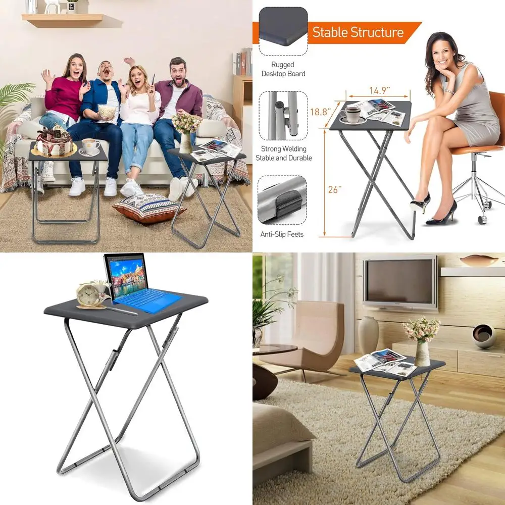 

25 Grey Folding TV Tray Table with Side Table, 15x18.9x26 inches, Stable for Eating or Snacks