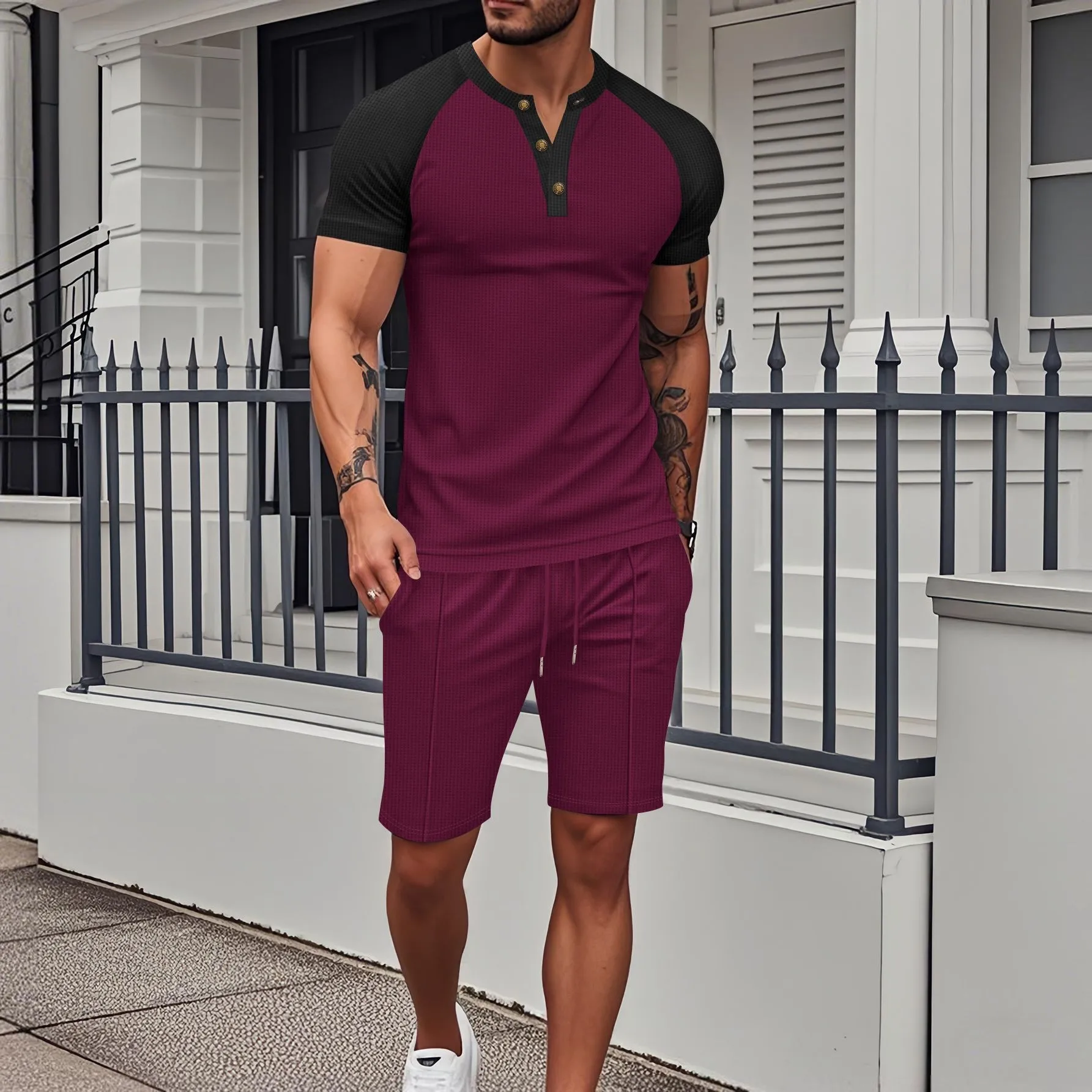 2025 summer new men's waffle lattice thin round neck with shoulder short sleeve top drawstring shorts two sets