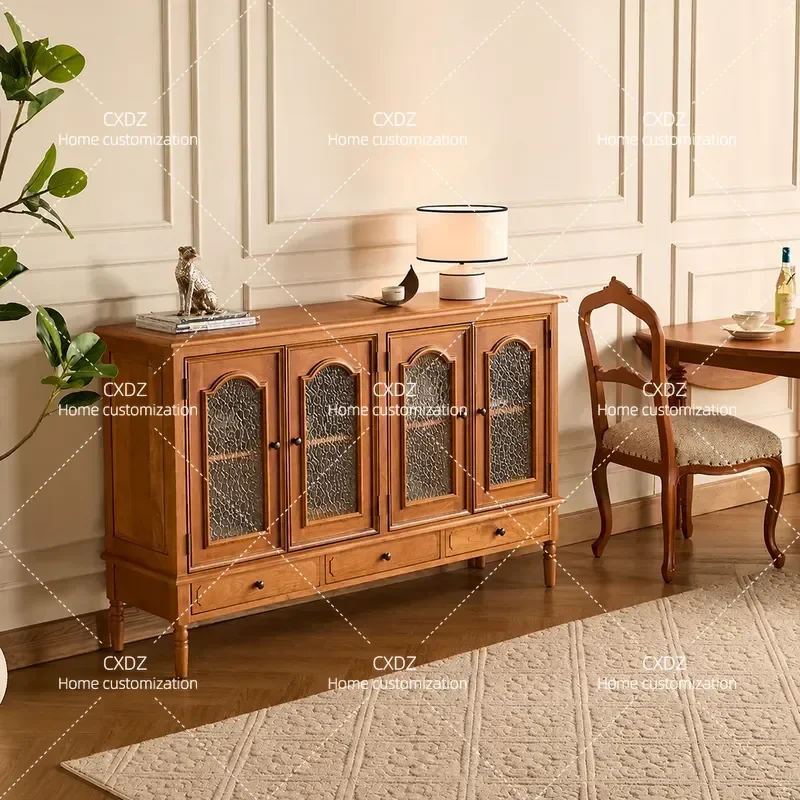 Retro Silver Glass Grain Cherry Wood Dining Side Cabinet Classic Storage Locker for Living Room Bedroom Entrance Hallway