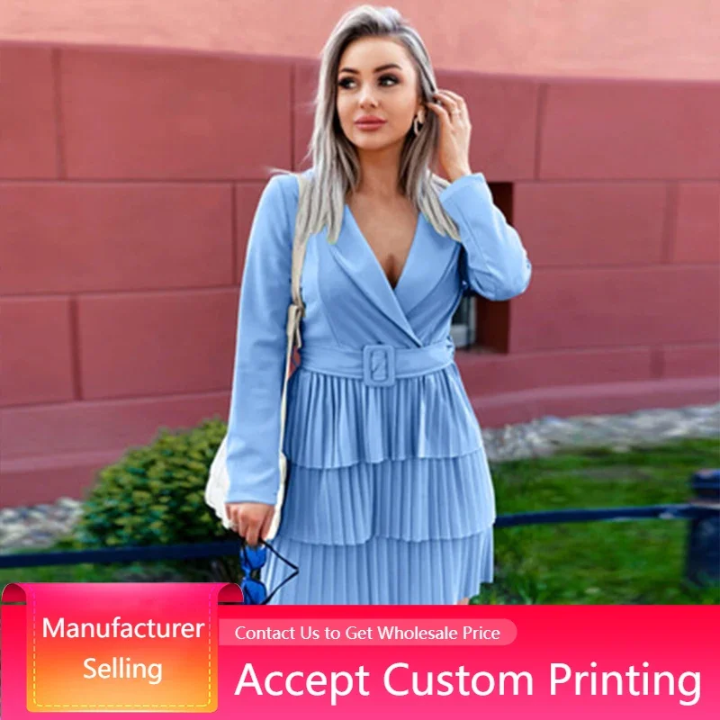 

Long Sleeve Casual Dresses Sexy V-Neck Turn Down Collar Pleated Skirt Solid Color High Waist Belt Casual Autumn Wear