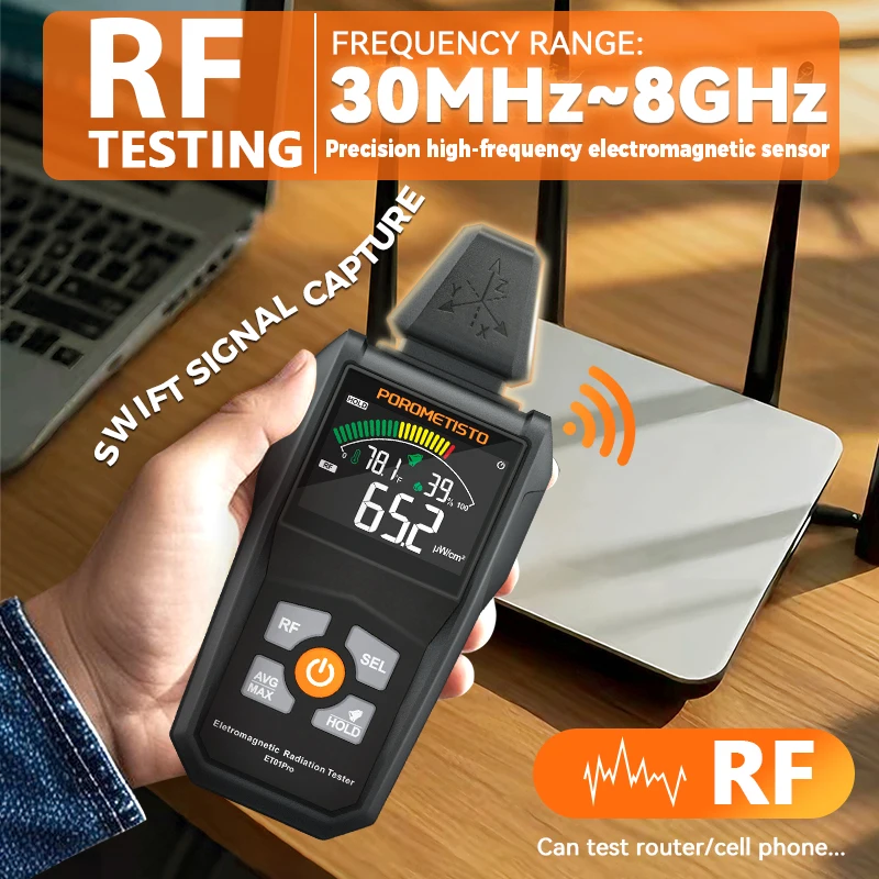 POROMETISTO ET01Pro Electromagnetic Radiation Tester 5 in 1 Rachargeable EMF Meter with LCD High Frequency 30MHz~8GHz Radiometer