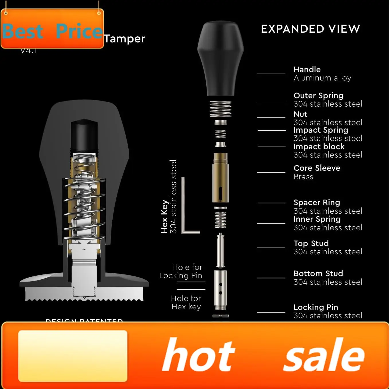 

Хит продаж: Тампер для кофе 53,3 мм V4.1 с звуковой индикацией, пружинный тампер для эспрессо с титановым PVD-покрытием Ripple B