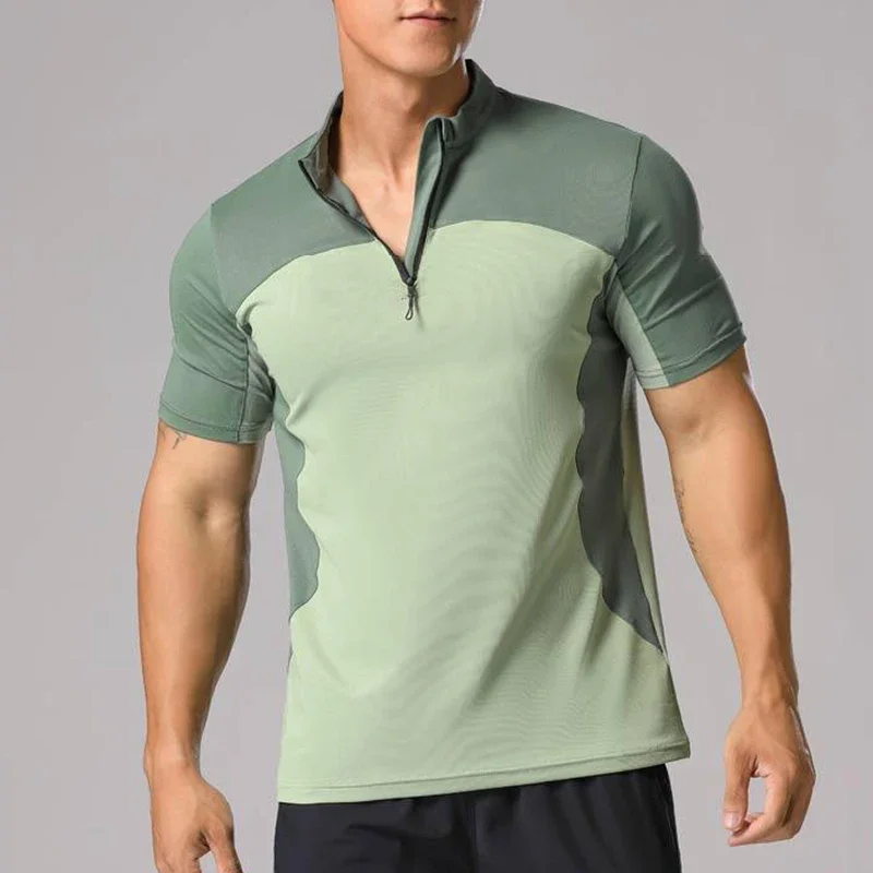 Men Tennis Golf Ice Silk T-shirt Fitness Athletic Tights Gym Muscle Fit Shirt Half Zip Colour Block Short Sleeve Tee Sport Wear