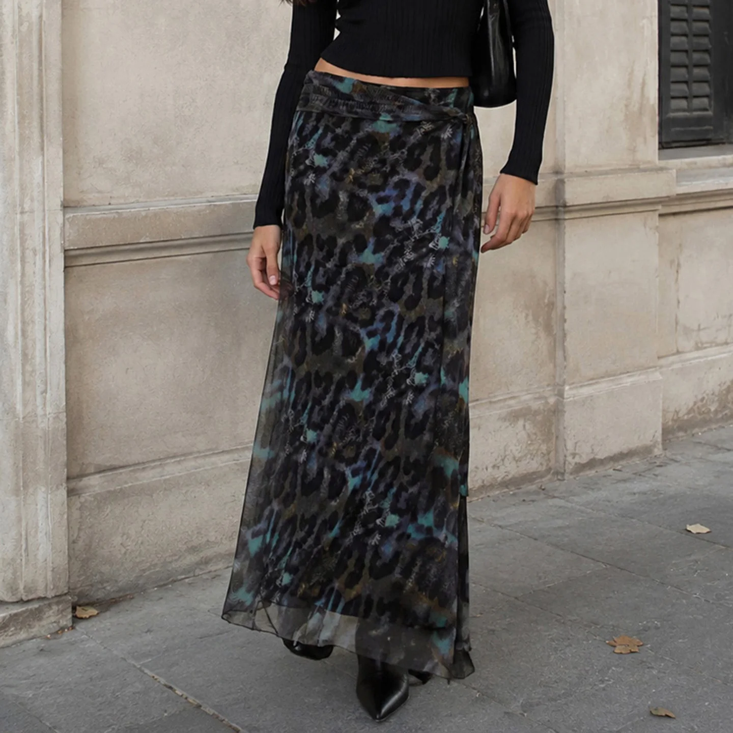 Women Leopard Print Wrap Maxi Skirt Mesh High Waist Ruched Long Skirt Elegant Streetwear Party Evening Long Half Skirt