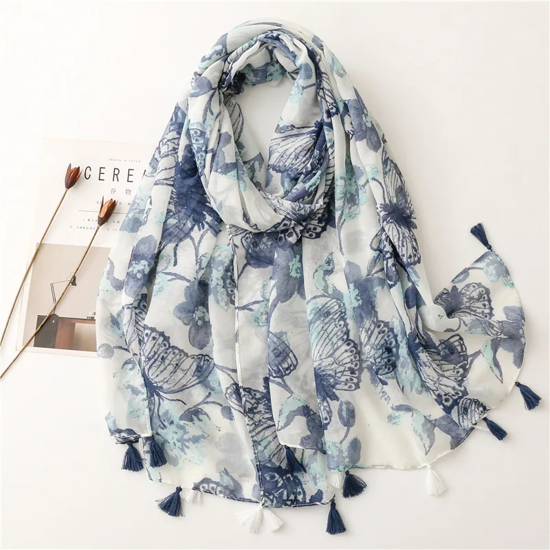 

2022 New Butterfly Print Tassel Scarf Shawls Long Soft Animal Wrap Hijab Scarves Free Shipping