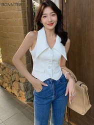 Tanks Women Slim Sexy Design Elegant Crop French Style Personality Summer Turn-down Collar Simple Pure Ladies All-match Office