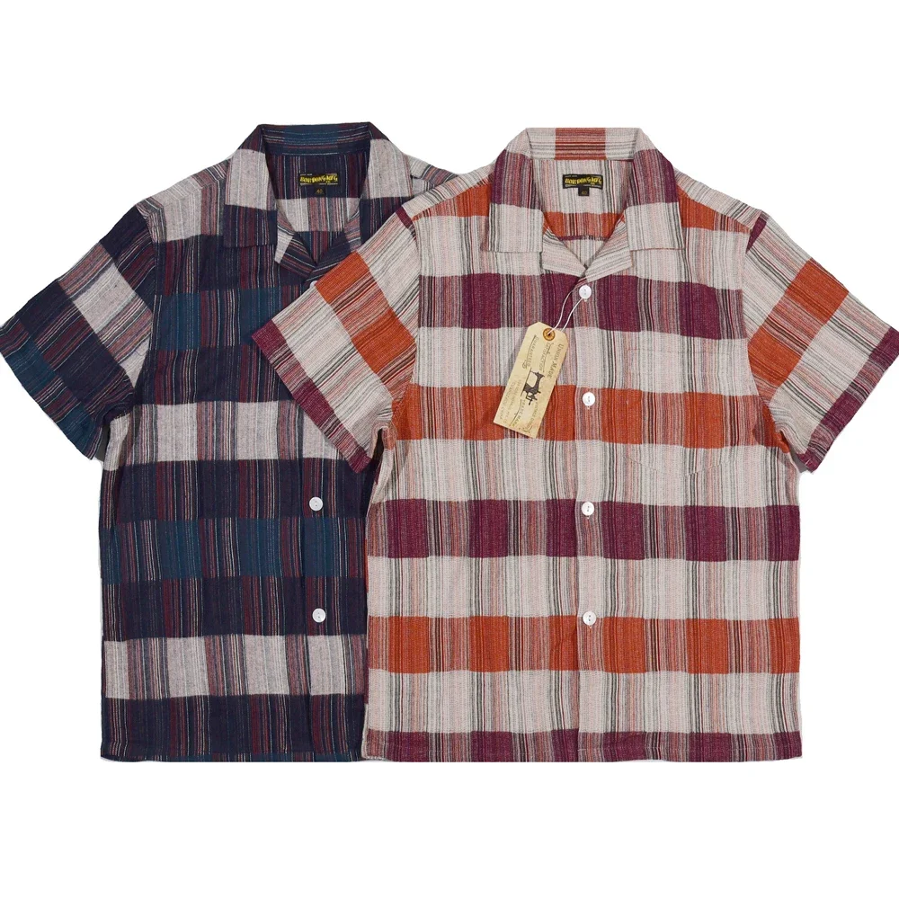 BOB DONG Rainbow Stripes Checks Camp Shirt Amekaji Jacquard Cotton Short Sleeves