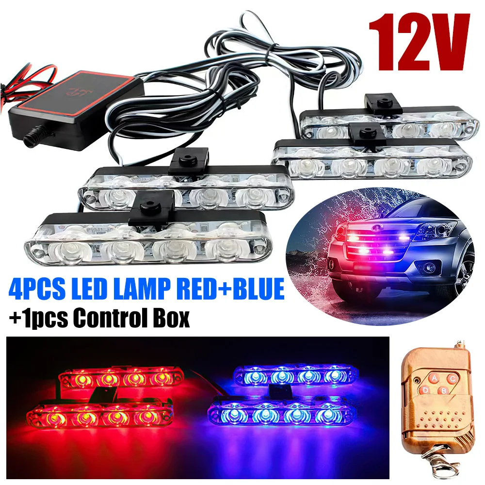 

16 LED Car Flashing Grille Police Lights 4 in 1 Red Blue Flash Warning Emergency Lamp with Wireless Remote Control for Truck Van