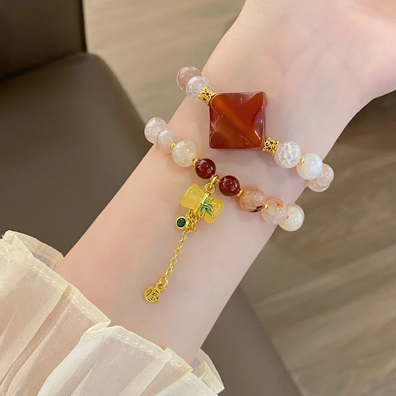 Artistic Retro Chinese Style Traditional Dragon Pattern Agate Double Ring Bracelet Women's Light Luxury Minority Design Bamboo L