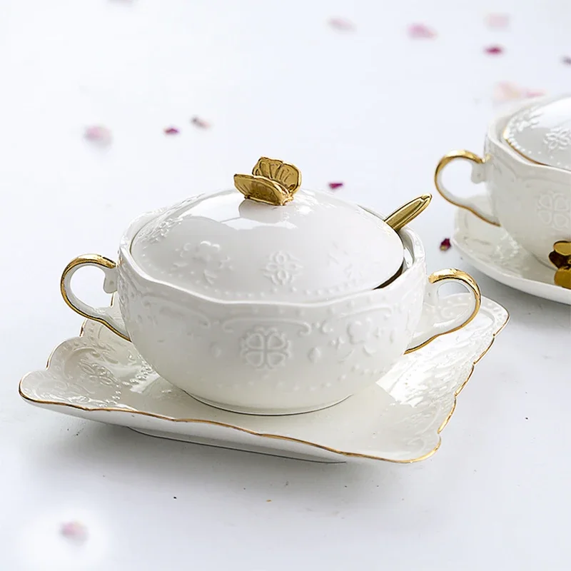 Embossed Ceramic Dessert Soup Bowl White Stew Cup Luxury Gold-plated Exquisite Porridge Tableware Kitchen Utensils