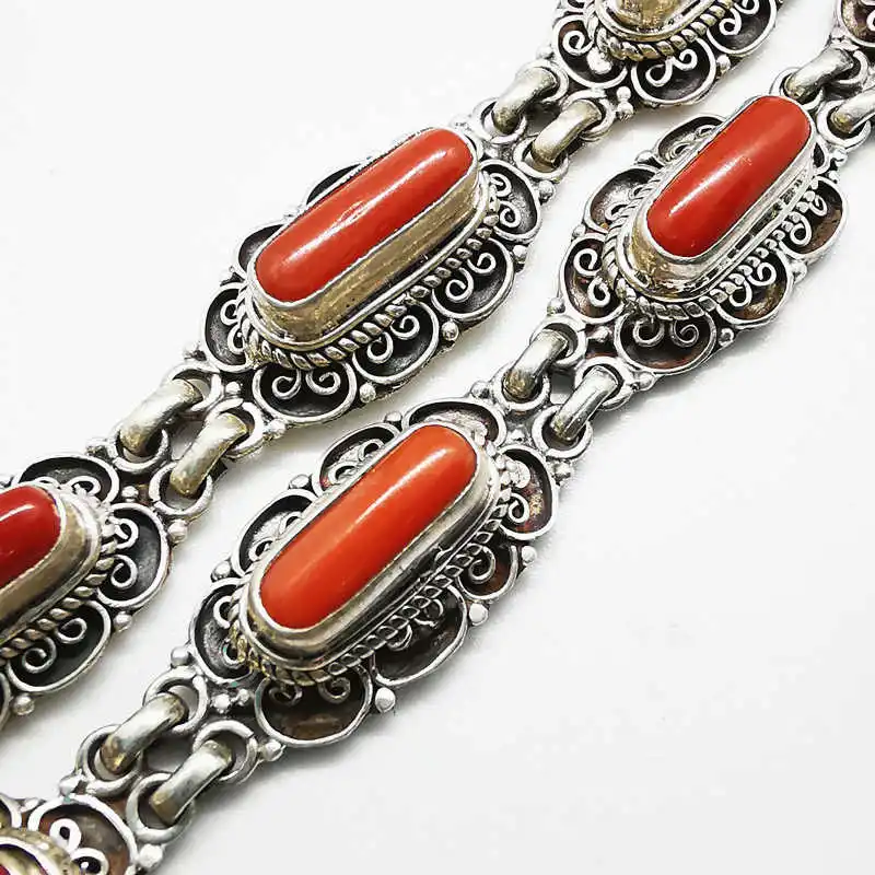 Nepal 925 Sterling Silver Vintage Jewelry Inlay Bamboo Coral Chain Bracelets for Girls T9005