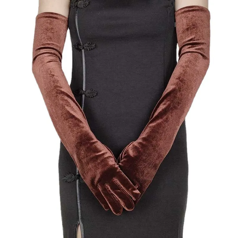 Vestido de cena de terciopelo dorado para mujer, manoplas delgadas de invierno, manga larga de ciclismo, guantes elásticos de dedo completo, guantes