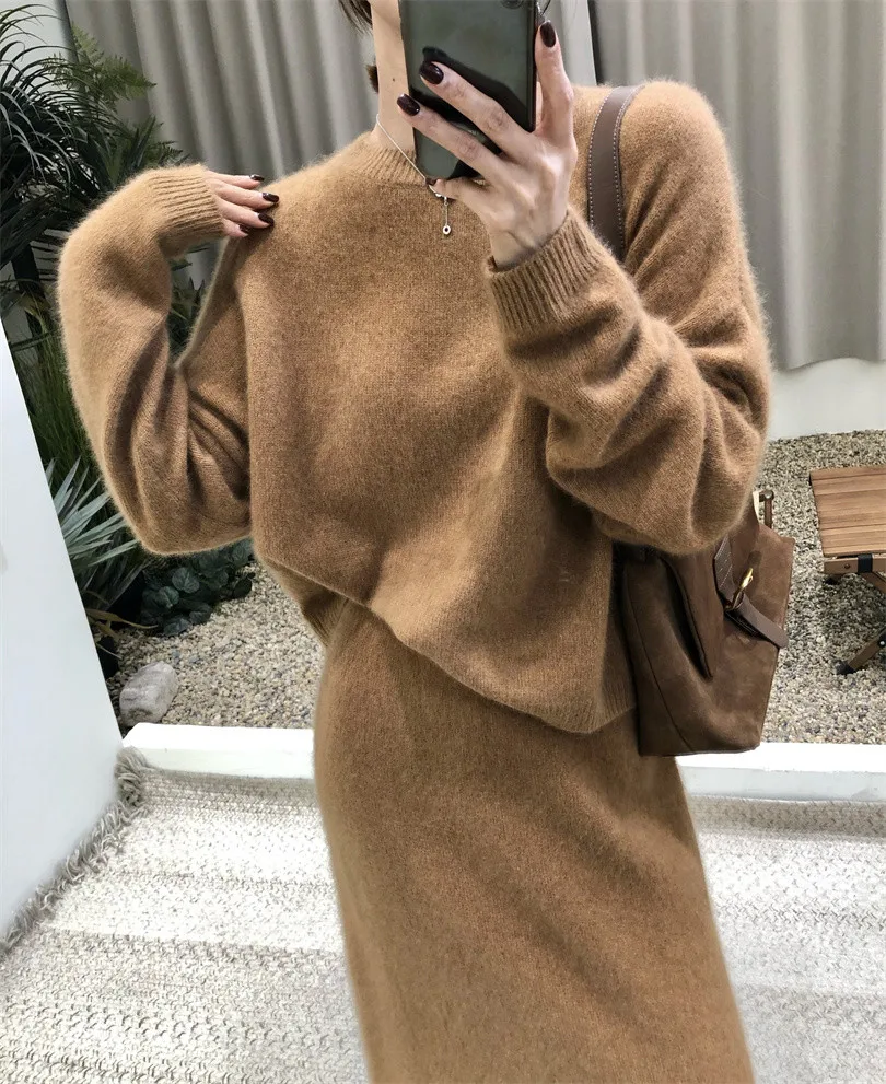 

Fall Winter Fashion Women's Skirt Two Pieces Set Solid Color Casual Knitted Skirt Two-piece Suit For Women Clothing