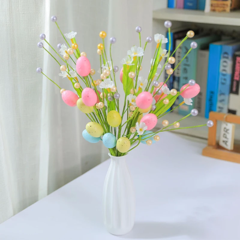 1PC Easter Egg Pearl Flower Branch Colorful Foam Eggs Branches DIY Bouquets for Easter Party Home Decoration Spring Decoration