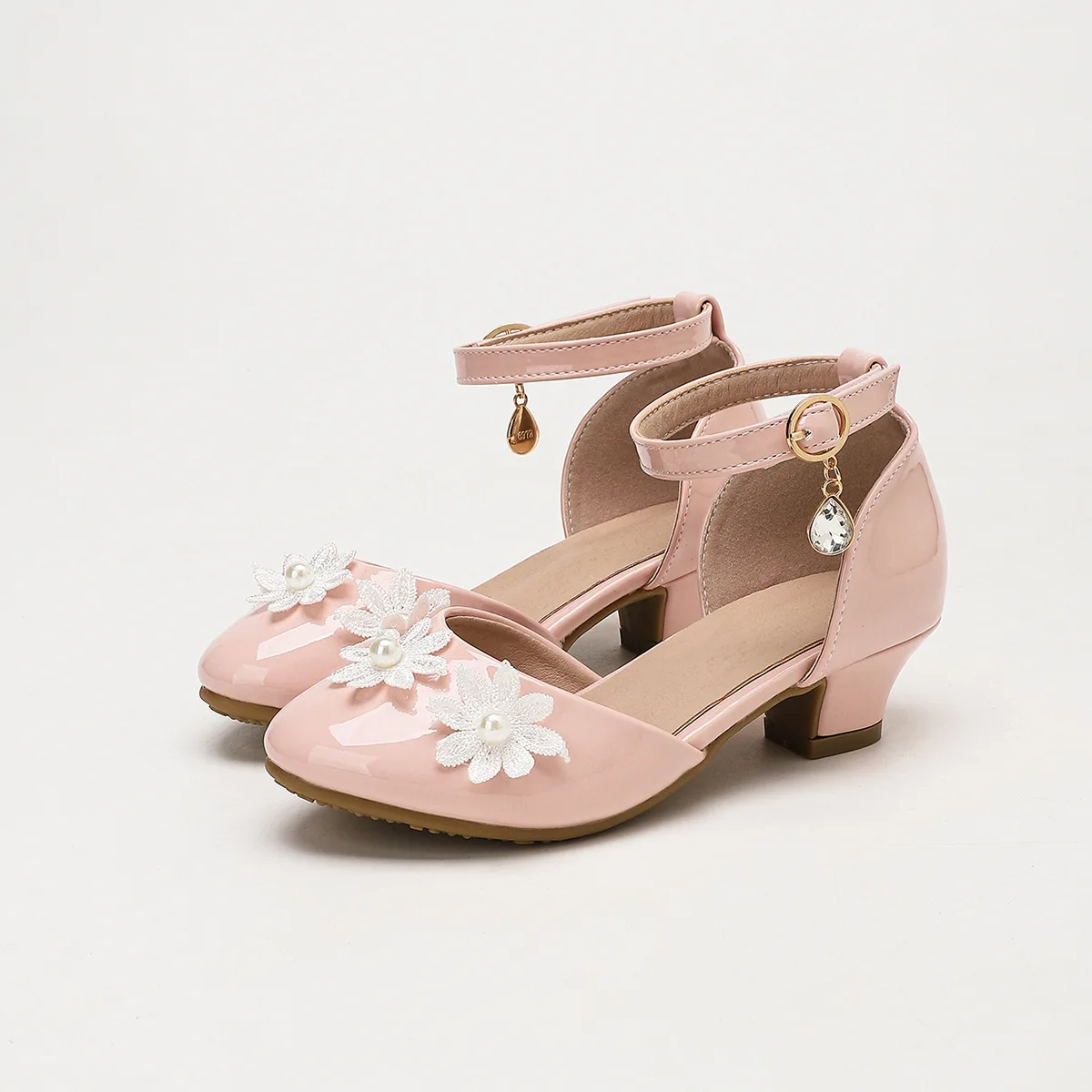 Girls Pink Floral Princess Sandals 2026 Summer Hollow Non-Slip Heels Kids Performance High Heels Appliqué Dress Pumps for Girls