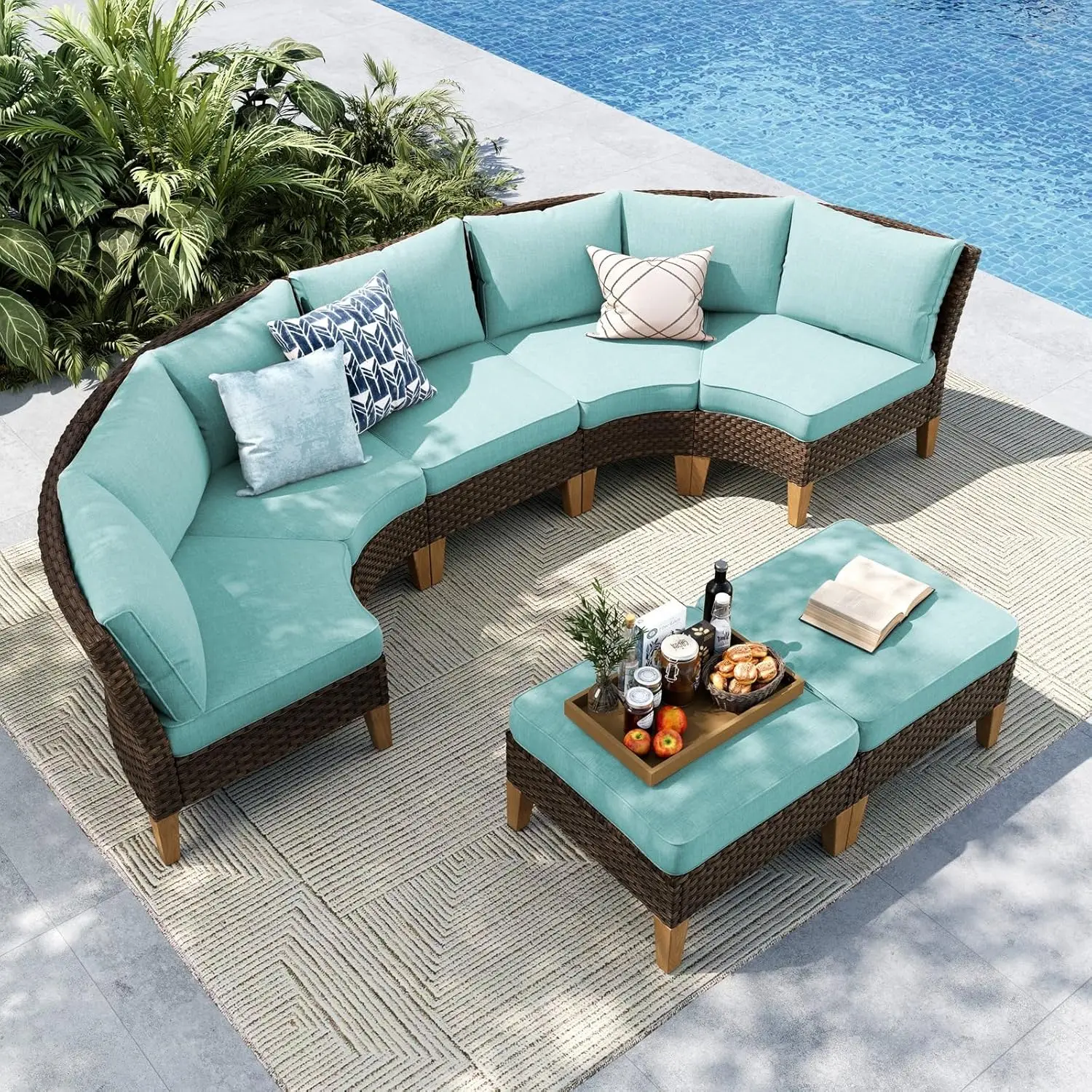 

Комплект садовой мебели из 7 предметов: очень большой плетеный диван-полумесяц из всепогодного ротанга для улицы, на заказ