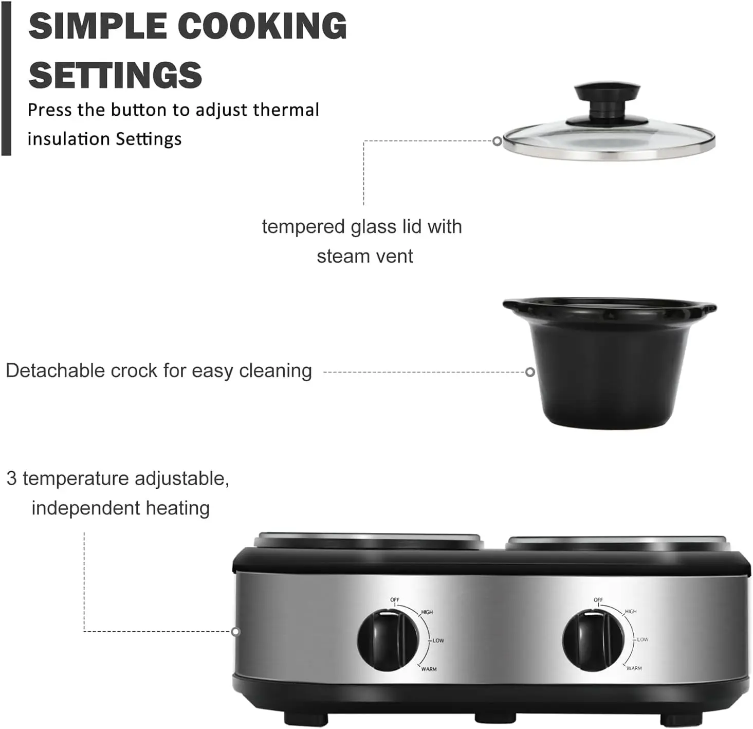 Dual Ceramic Slow Cooker Set 2 x 1.25qt Capacity Dishwasher Safe with 3 Cooking Modes Warm Function & Buffet Serving Feature