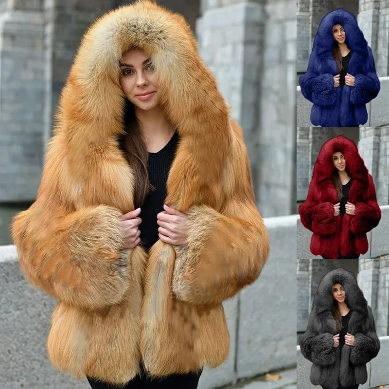 Mid-Length Fox Fur Jackets Winter Keep Warm Fashion Fur Coat Outwear Women Long Sleeve  Hooded Warm Fur Outwear Jackets