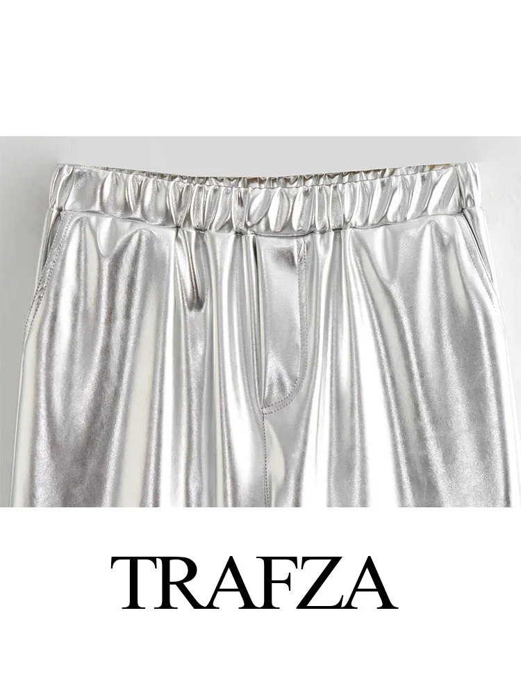 Trafza-女性用の幅広でエレガントなストレートパンツ,伸縮性のあるウエストバンド,シルバーカラーのポケット装飾,秋