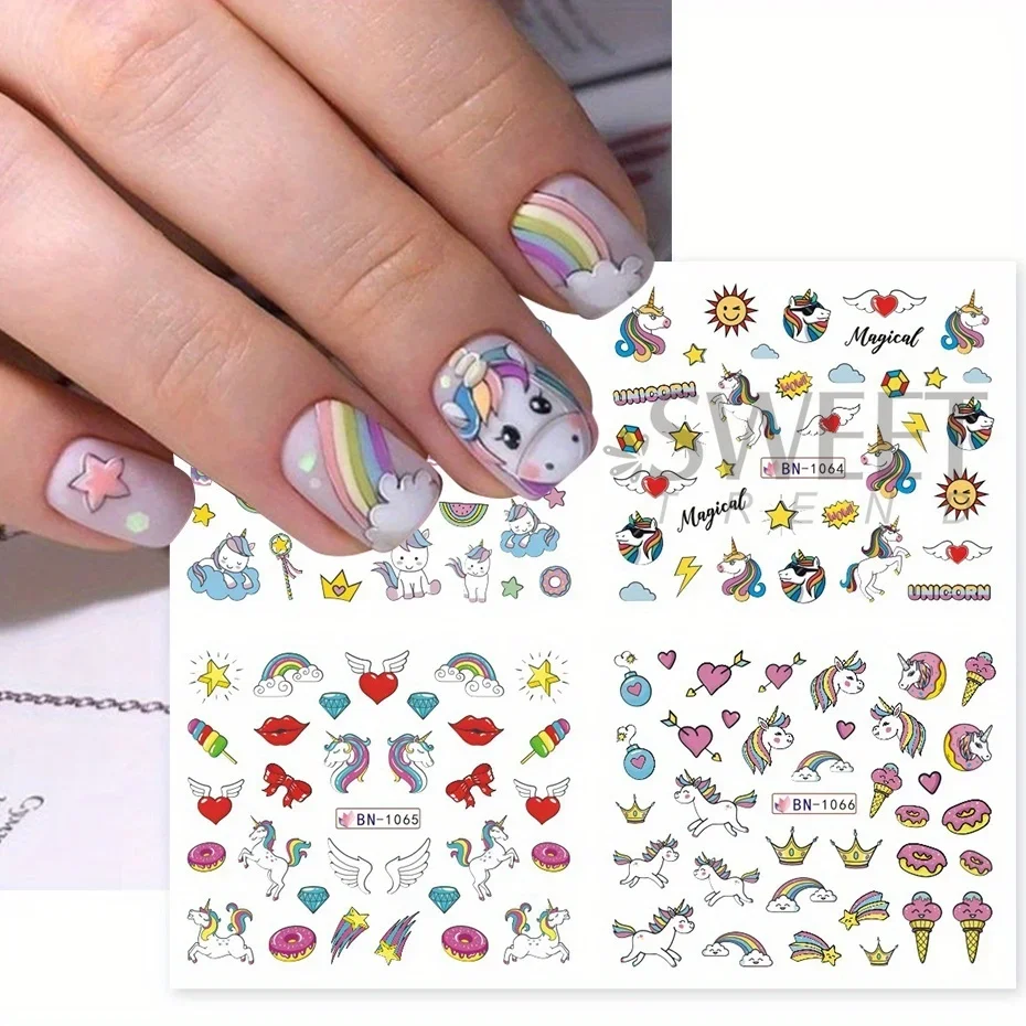 12pcs Unicorn Nail Water Stickers Pink Horse Sweet Love Ice Cream Donut Transfer Sliders Rainbow Dopamine Design Manicure Foils