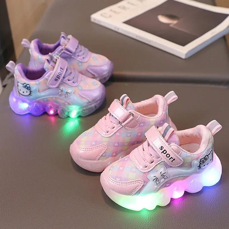 Cute Hello Kitty Casual Shoes for Baby Girl Children Led Light Sneakers Kids Shoes Toddler Walking Shoes Kids Anti-slip Shoes