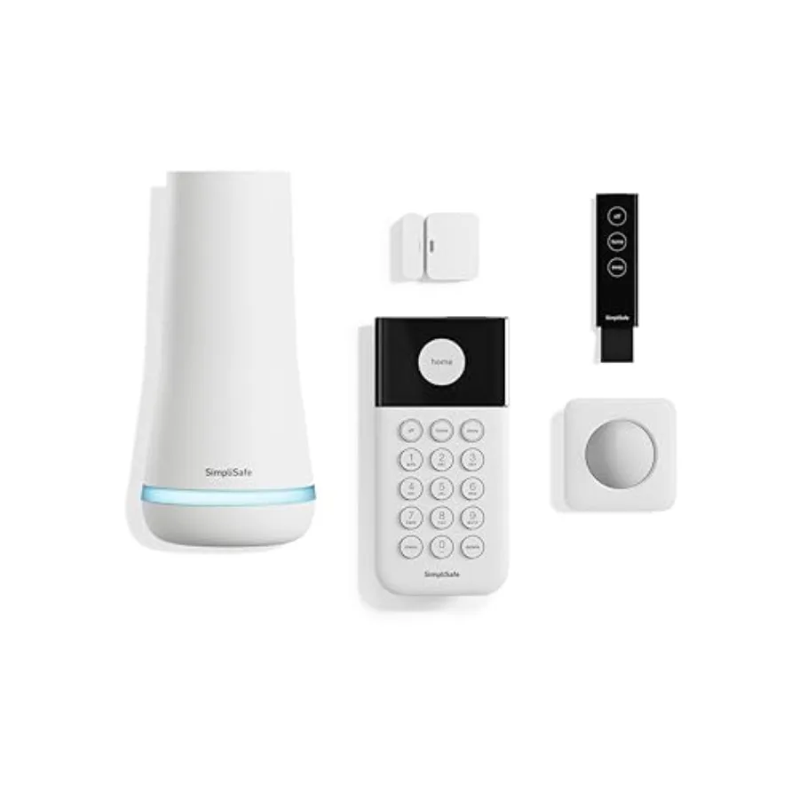 

Wireless home security system for residential use, white plastic housing, 5-piece set with optional 24/7 professional monitorin