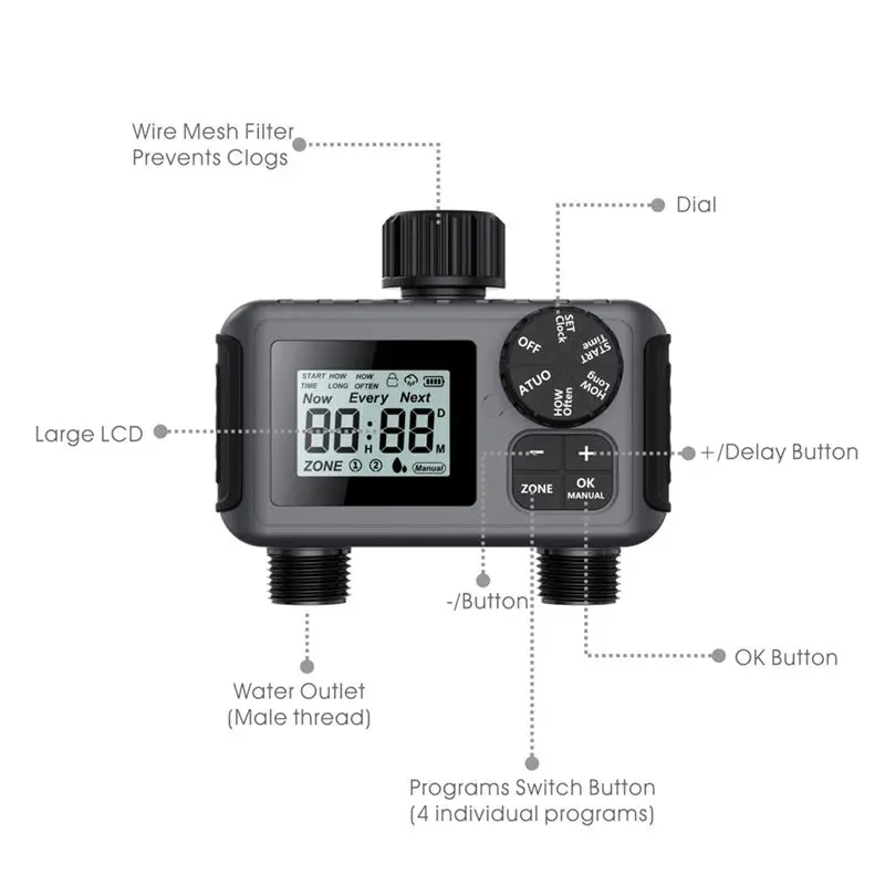 J1UL1N 2-Way Programmable Watering Timer For Greenhouse, Lawn Automatic Hose Tap Irrigation System With Drip Controller Valve