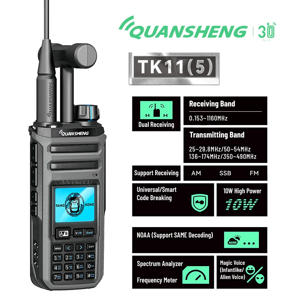 Quansheng TK11(5) 10W Walkie Talkie Long Range Short Wave AM/SSB/FM Dual Receiving with NOAA Weather Alarm Ham Radio