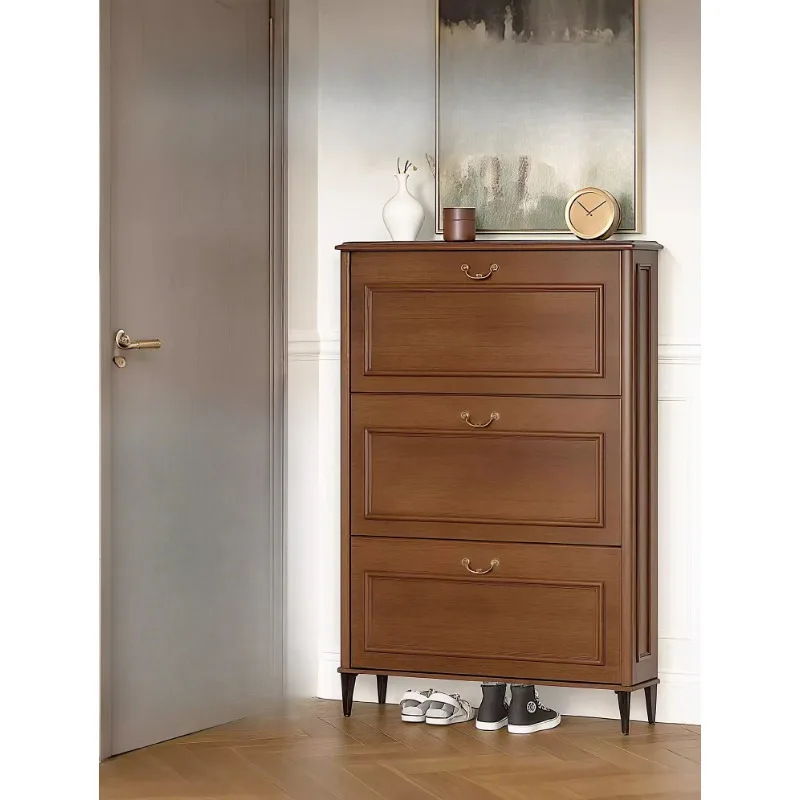 Pure solid wood ultra-thin American retro Chinese custom 17cm entrance very narrow tipping bucket shoe cabinet saves space