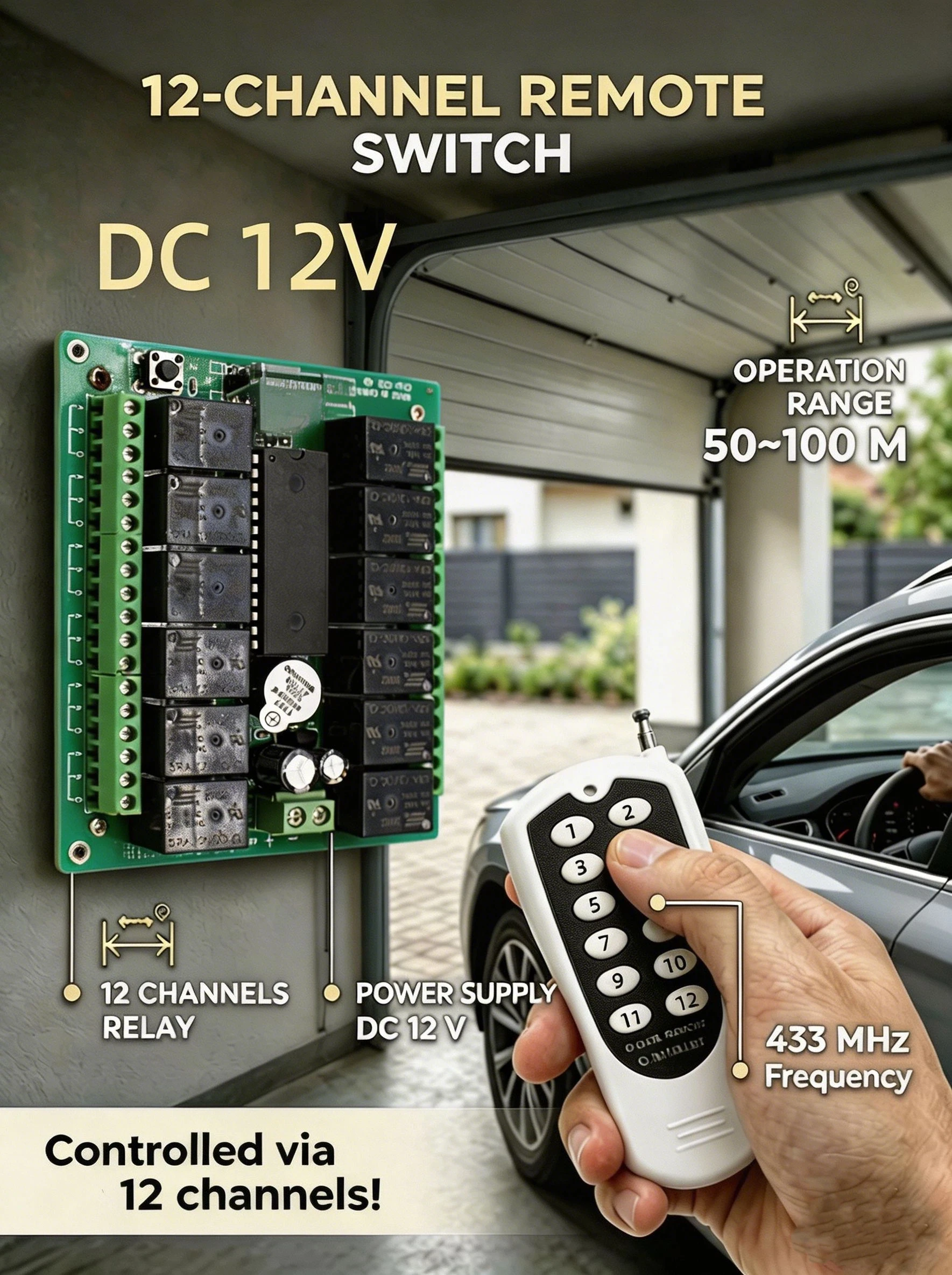 

12 Channel 433MHz Wireless Remote Control RF Switch System DC 12V / 24V with Relay Receiver & Transmitter
