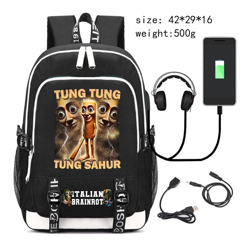 Итальянский рюкзак Brainrot Tung Tung Sahur, школьный рюкзак для студентов, мем, сумка для книг, модный подростковый дорожный рюкзак с зарядкой через USB, Mochila