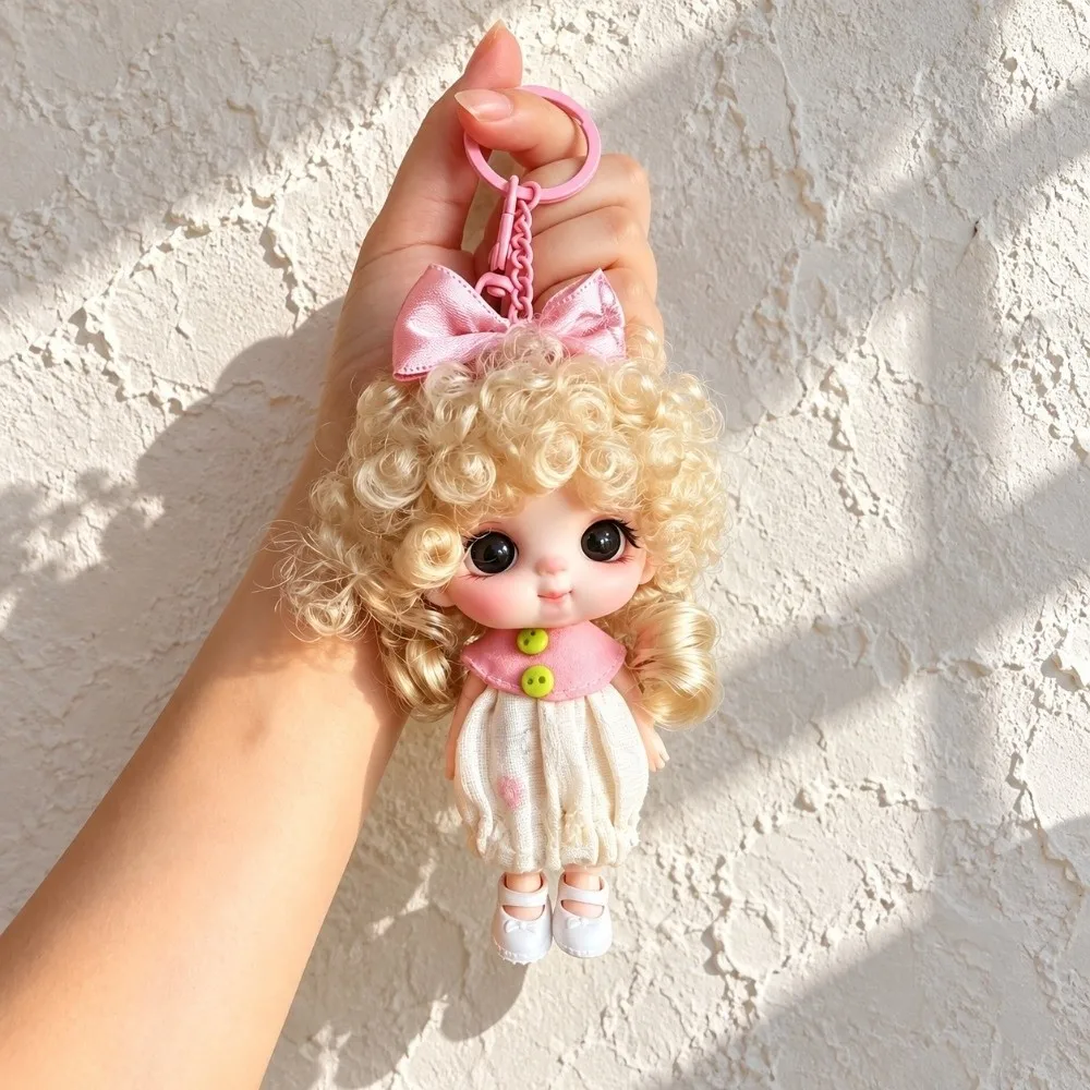 10CM Curly-Haired Doll Keychain Movable Joints Long Hair Mini Doll Pendant Versatile Wearable Outfit Bag Charm Doll