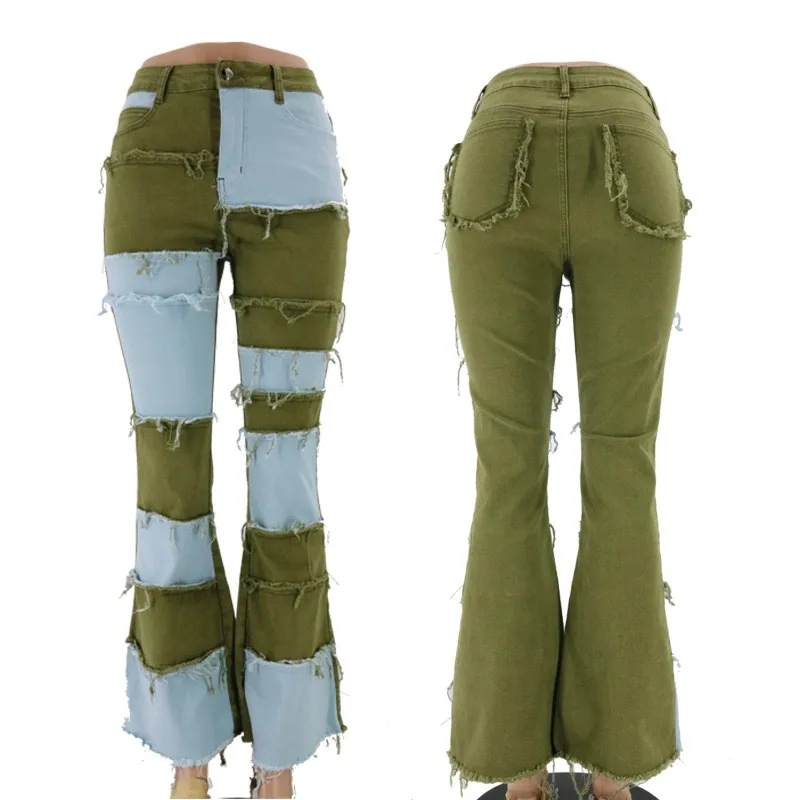 Y2K Women Flared Jeans High Waist Wide Leg Denim Pants Distressed Hem Ripped Seam Denim Jeans Asymmetrical Panel Flare Jeans