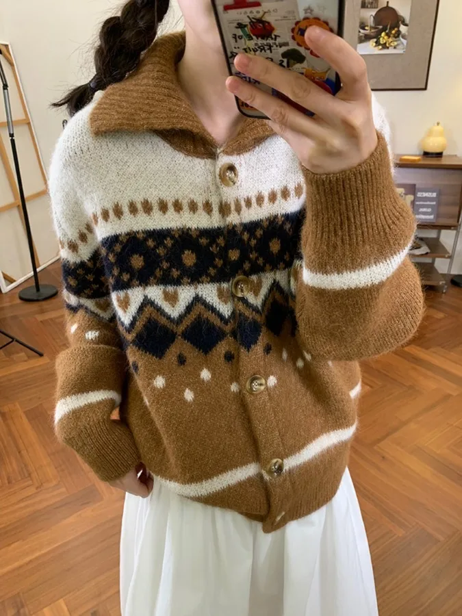 

Loose Women's Knitted Sweater Coat Diamond Pattern Turn-down Collar Casual Open Cardigan Autumn Winter New Sle Faionable