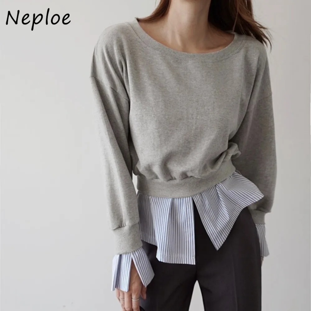 Neploe Casual O Neck Solid Pullover Drop-Shoulder Hoody All-match Slim Stripe Patchwork Sweatshirts Irregular Commuter Hoodies