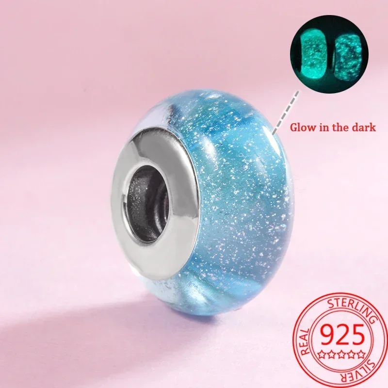 

Colorful 925 Sterling Silver Blue Glow-in-the-dark Murano Princess Glass Beads Fits Pandora Bracelet Jewelry Set Accessories