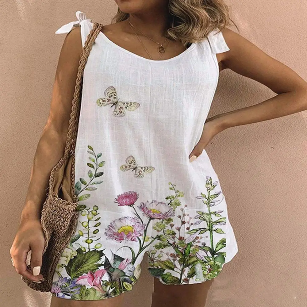 Loose Romper Shorts Casual Playsuit One-piece Mid Rise  Fashion Flower Print O Neck Summer Jumpsuit