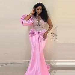 Pink Aso Ebi Evening Gowns With Lace Appliques Puffy Half Sleeves Mermaid Prom Dress For Women Plus Size Party Dress