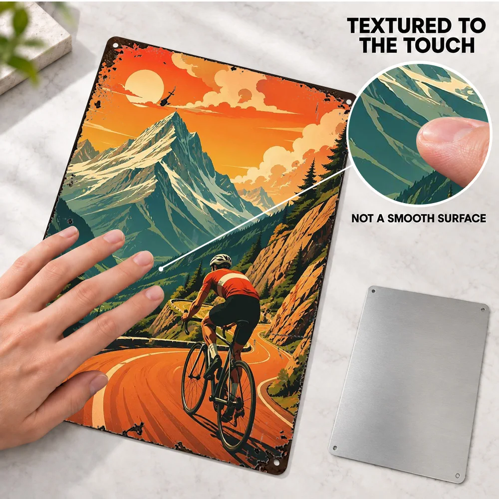 Cyclist Riding Through Mountain Pass Aluminum Poster Customized Metal Sign Graphic Design Wall Art For Study Housewarming Gift