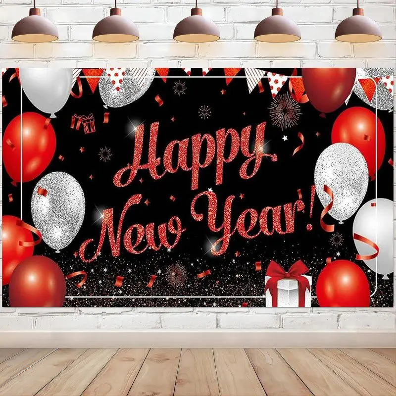 Happy New Year Backdrop Banner Black and Red Photo Booth Background for Photography Party Decorations Supplies Outdoor Indoor