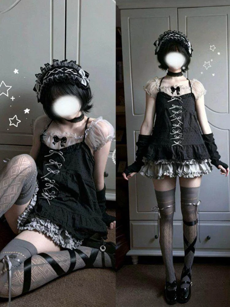 Gothic Style  Knot Camisole Set Cute Half Skirt Three Piece Set Dark Ballet Sweet Style Short Sleeve Bubble Sleeve