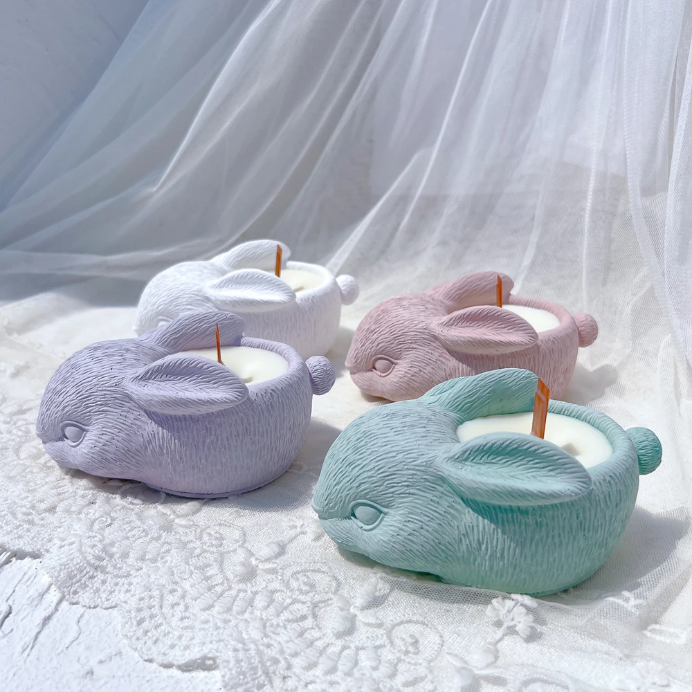 Cute Rabbit Candle Holder Silicone Mold Easter Bunny Cement Candle Jar Molds Plaster Concrete Hollow Candle Holder Mould