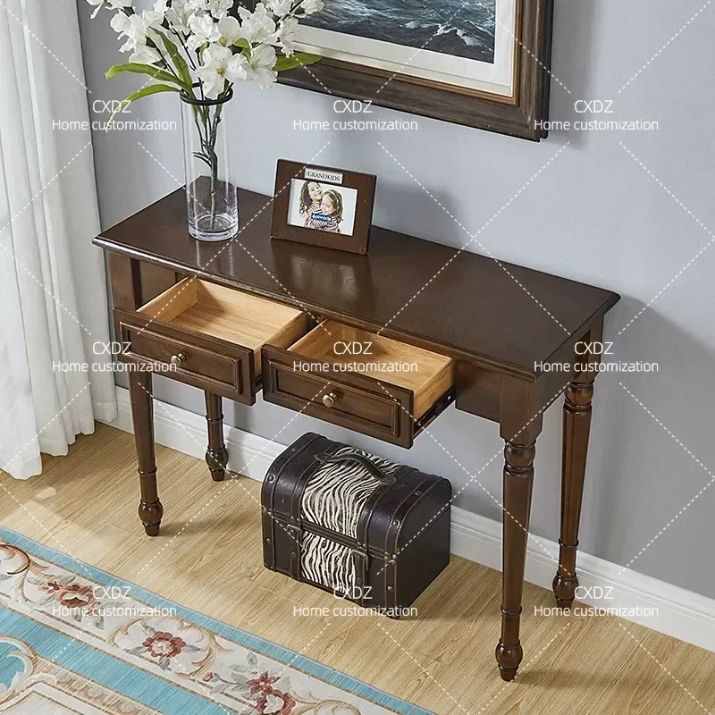 American Retro Solid Wood Porch Table Wall Mounted Storage Cabinet Living Room Partition Long Console Table Simple Entryway