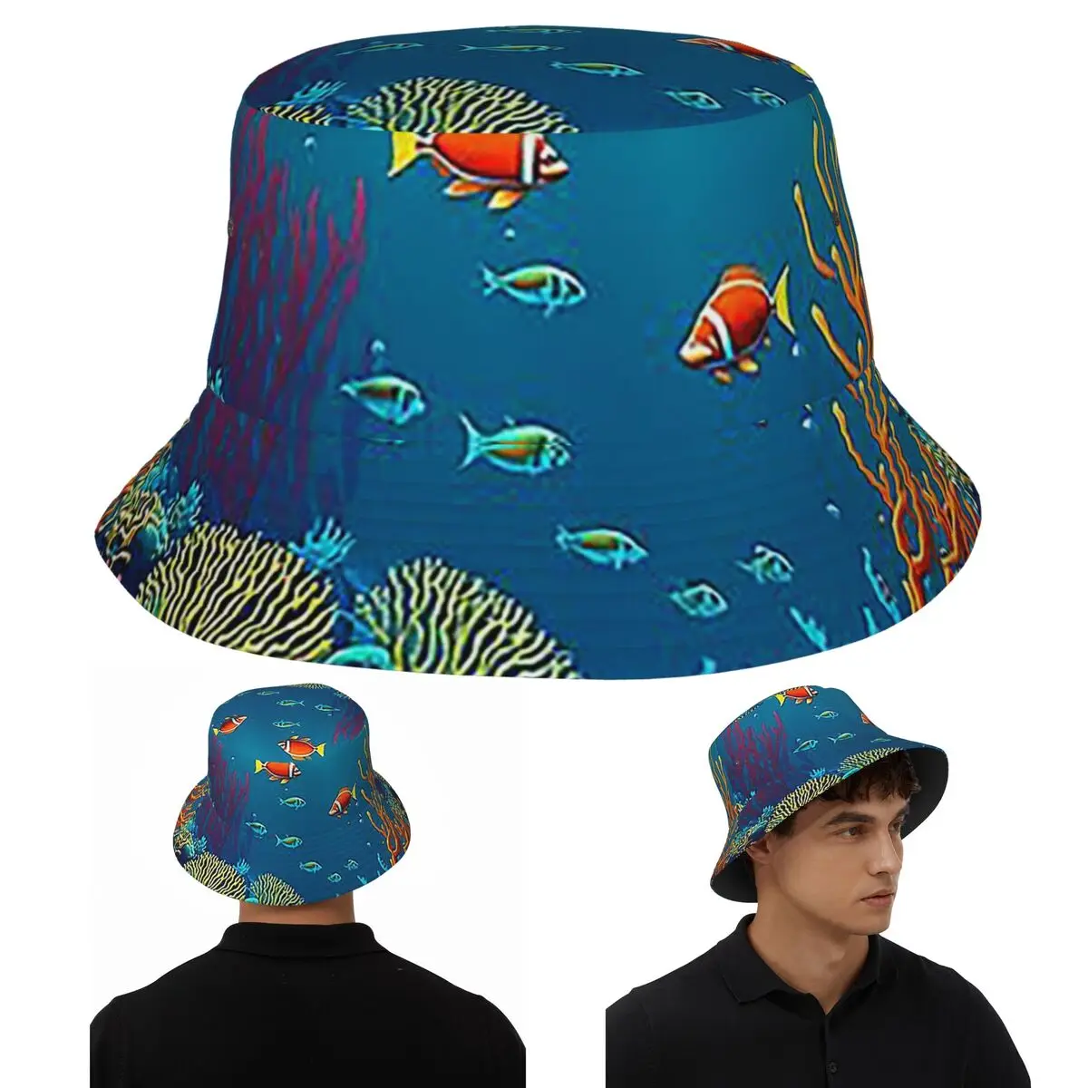 الأسماك الاستوائية المرجان والمرجان والأسماك الاستوائية قبعة بحافة بنما قبعة الأطفال بوب صياد القبعات لصيد الأسماك رجل امرأة