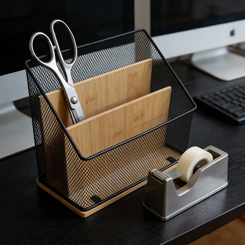 Bamboo Base Iron Wire Mesh A4 File Rack - Multi-Layer Desktop Document Organizer with Multiple Compartments
