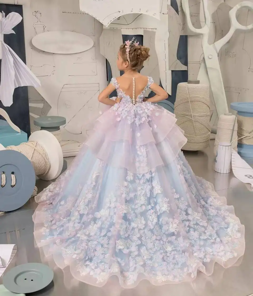 Maßgeschneiderte 2026 Prinzessinnen-Kleider mit O-Ausschnitt für Blumenmädchen Applikationen 3D-Blumen Ballkleid Geburtstagskleider Erstkommunionskleid – Detail 4